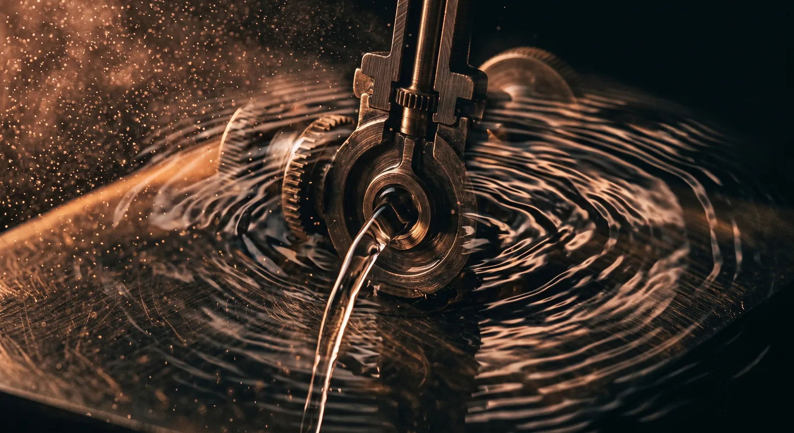Mécanisme vanne, turbine et résine, eau en mouvement